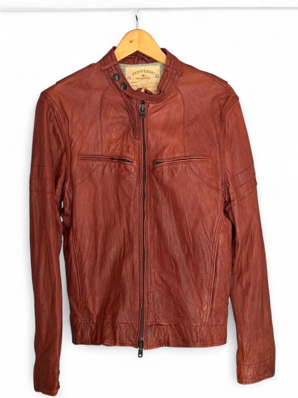 John Varvatos x Converse Men's Chest-Zip Rust Brown Leather Bomber Jacket